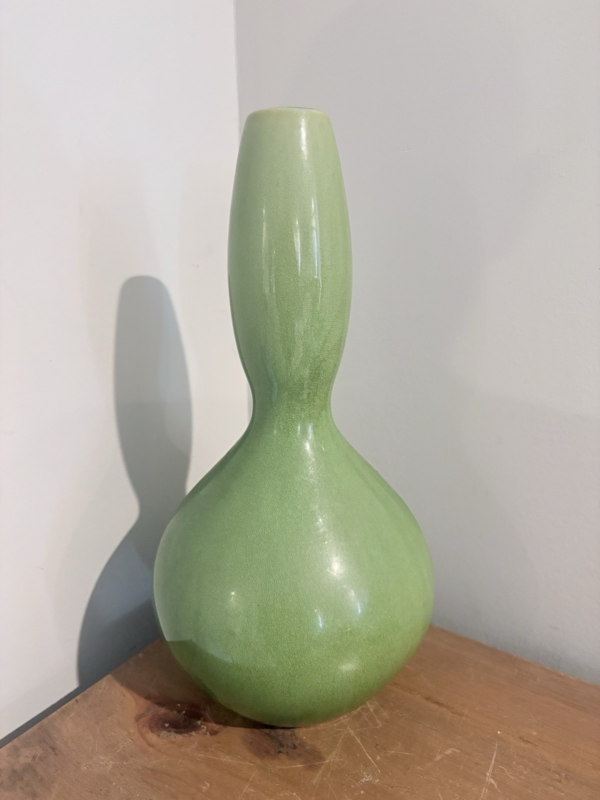 VTG Chinese-style celadon glazed porcelain vase double-gourd shape 15.5inches