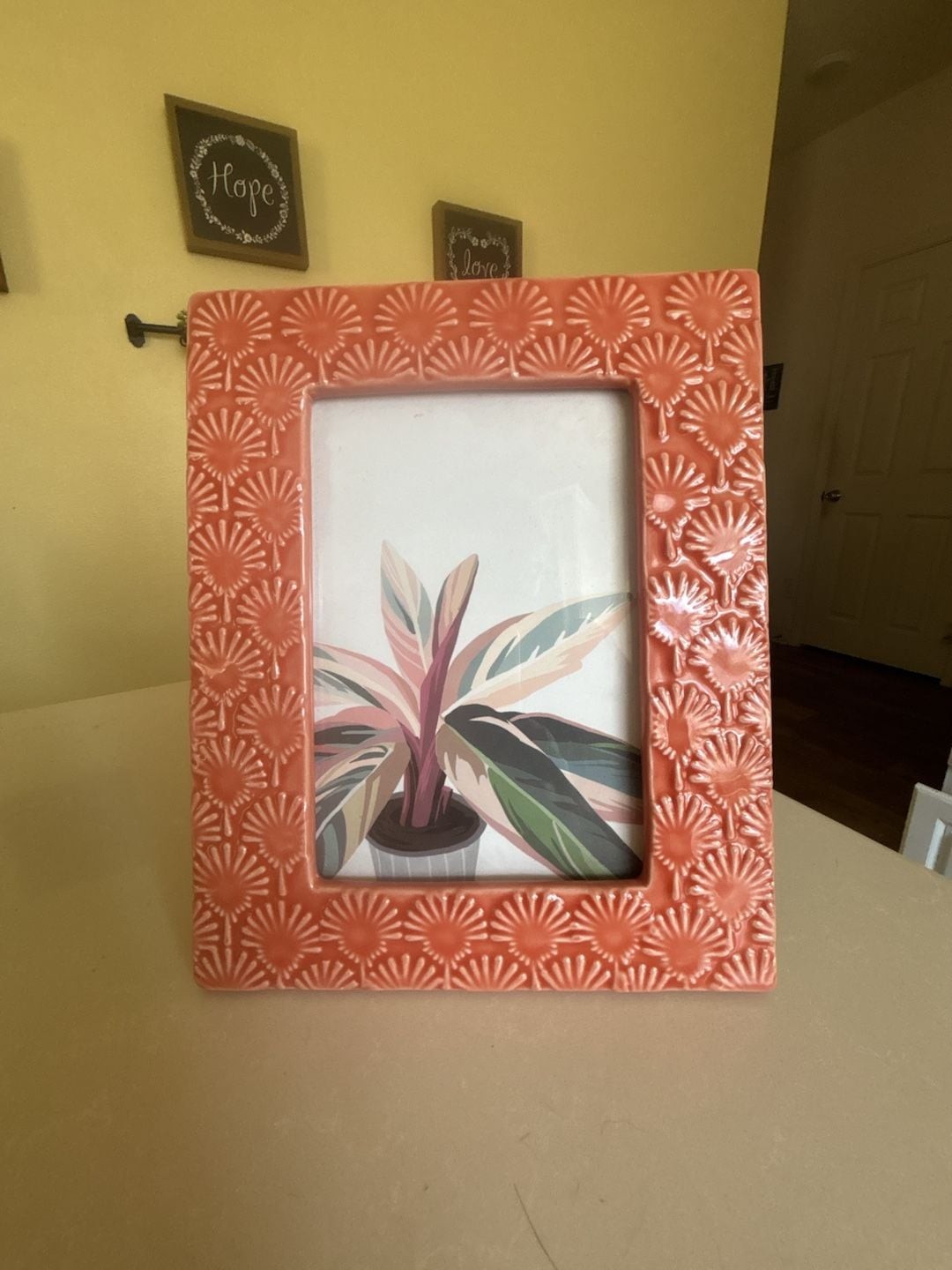Coral Pink Embossed Ceramic Picture Frame With Floral Sunburst Detail Coral Pink Embossed Ceramic Picture Frame With Floral Sunburst Detail