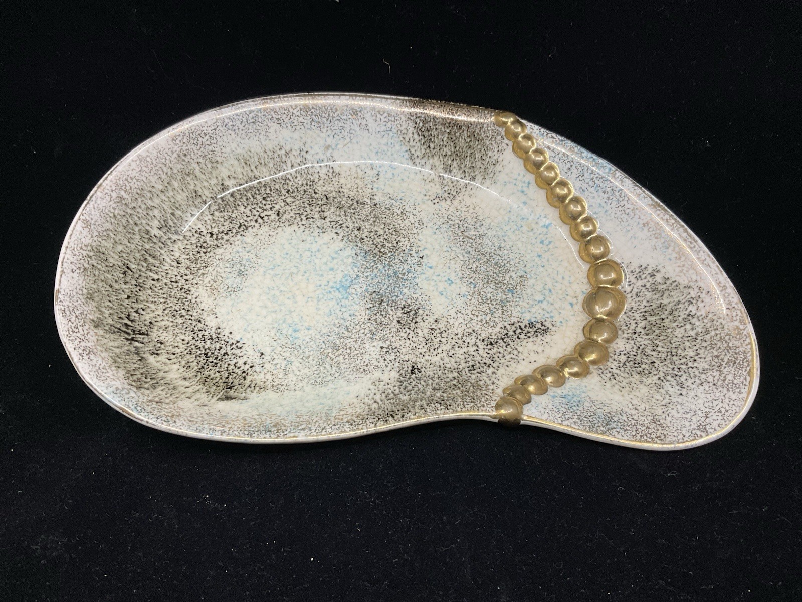 Rare Vintage George Z Lefton Kidney Shaped Trinket Dish/ Aqua Gold Black