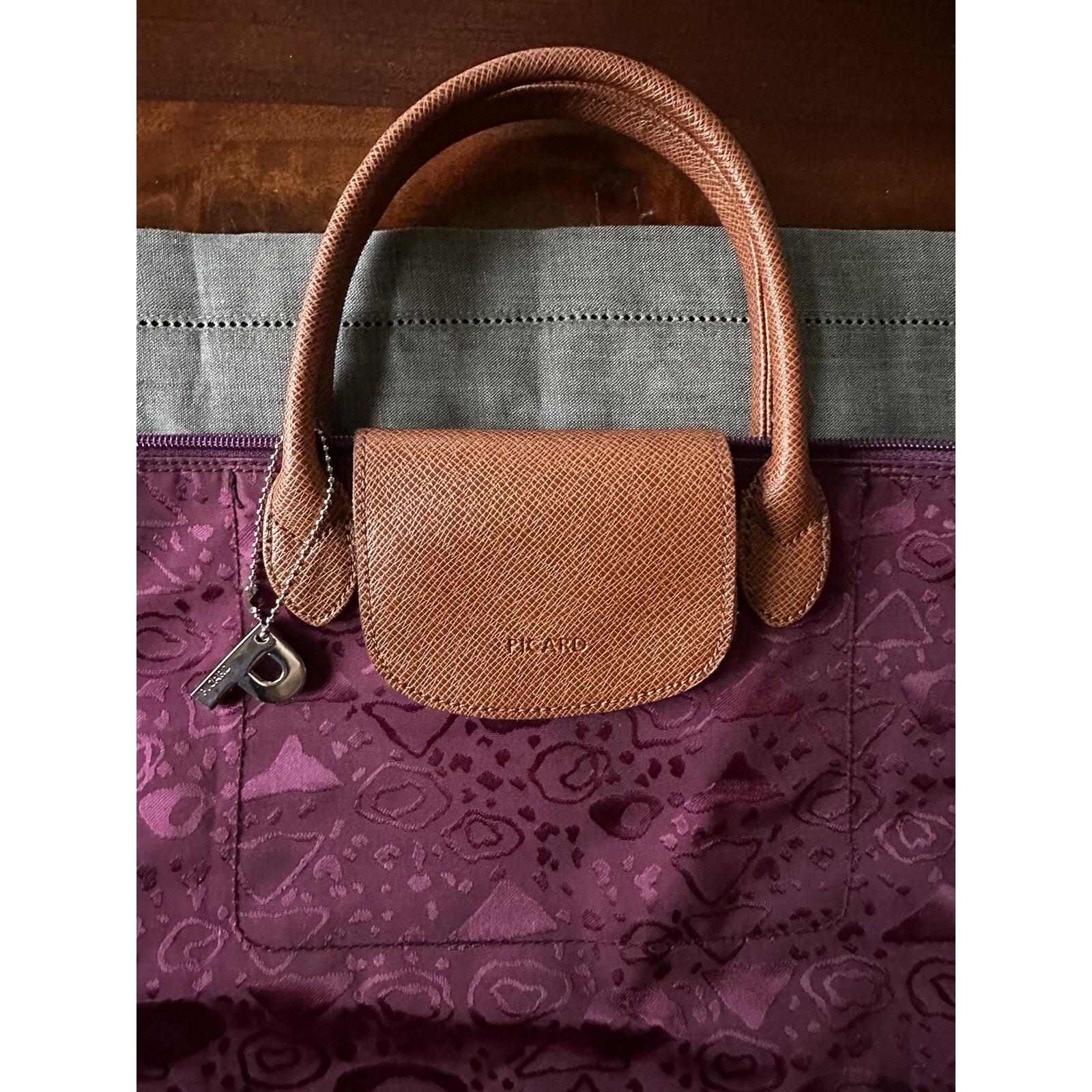 PICARD Easy Basic Shopper bag Tote Purple Floral Tasche Nylon Leather New Fold