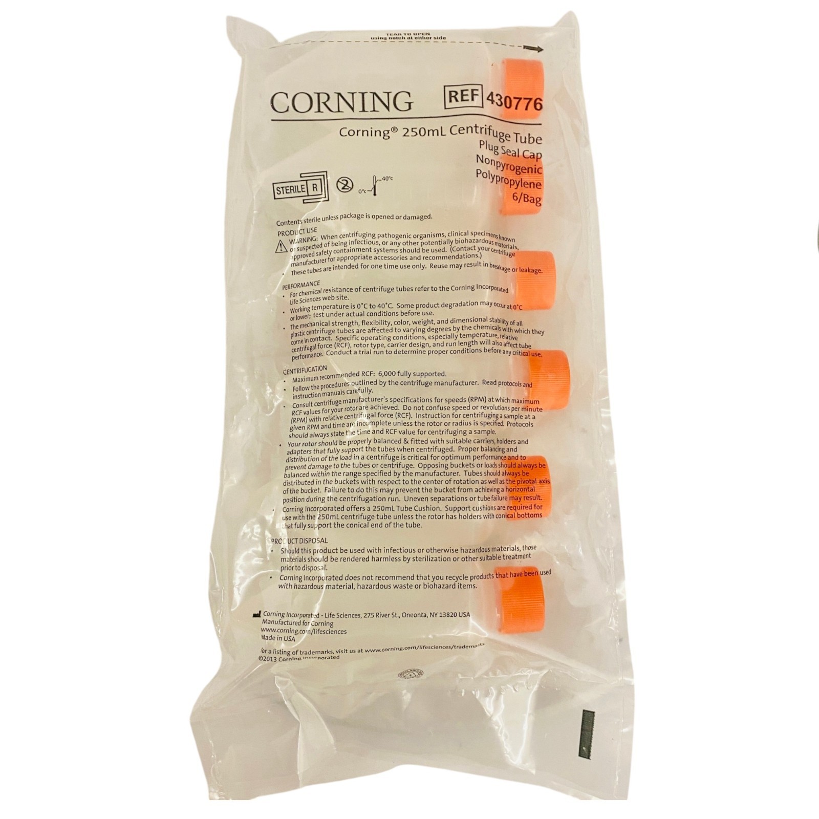Corning 430776 250mL Conical Centrifuge Tubes Plug Seal Cap Sterile - 6 Pcs Corning 430776 250mL Conical Centrifuge Tubes Plug Seal Cap Sterile - 6 Pcs