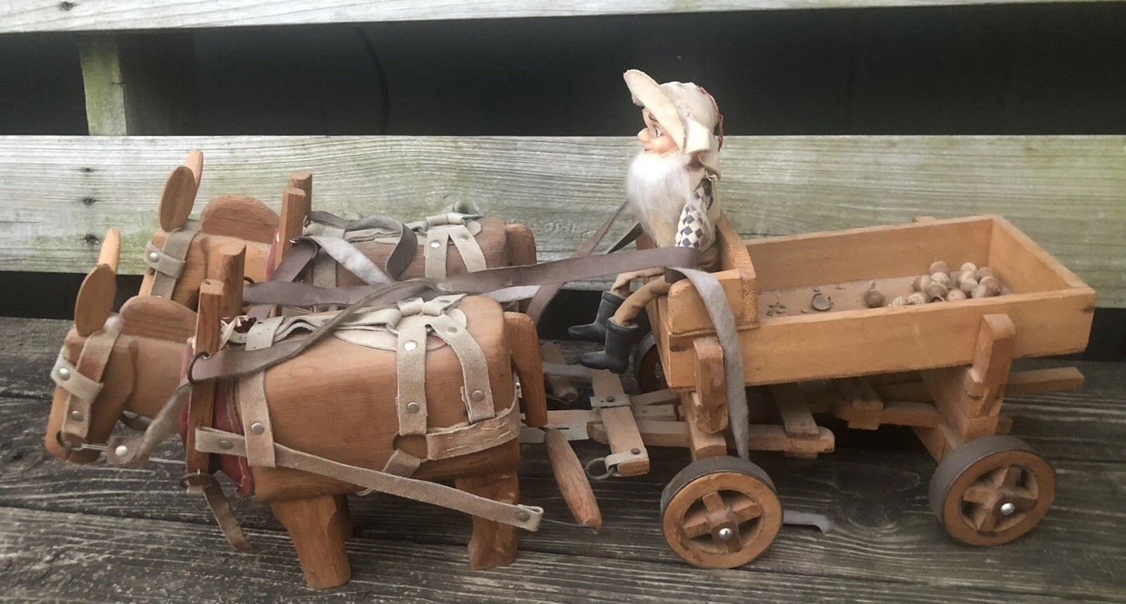 Vintage Hand Made Hand Carved Wooden Mules & Wagon With Leather Vintage Hand Made Hand Carved Wooden Mules & Wagon With Leather