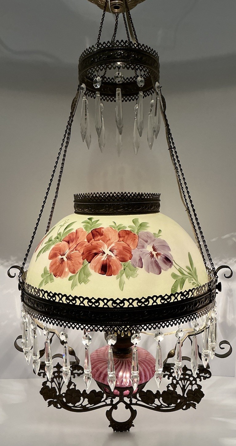 VICTORIAN HANGING LAMP LIGHT W/ CRYSTALS BRADLEY HUBBARD? FENTON CRANBERRY SWIRL