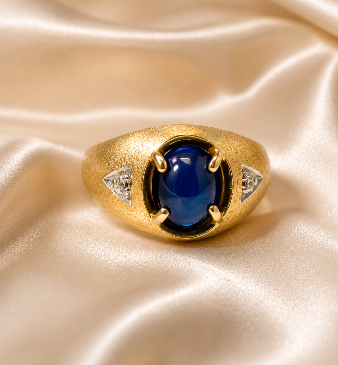 14K Yellow Gold Magic Glo Mens Blue Star Sapphire Diamond Ring Size 11
