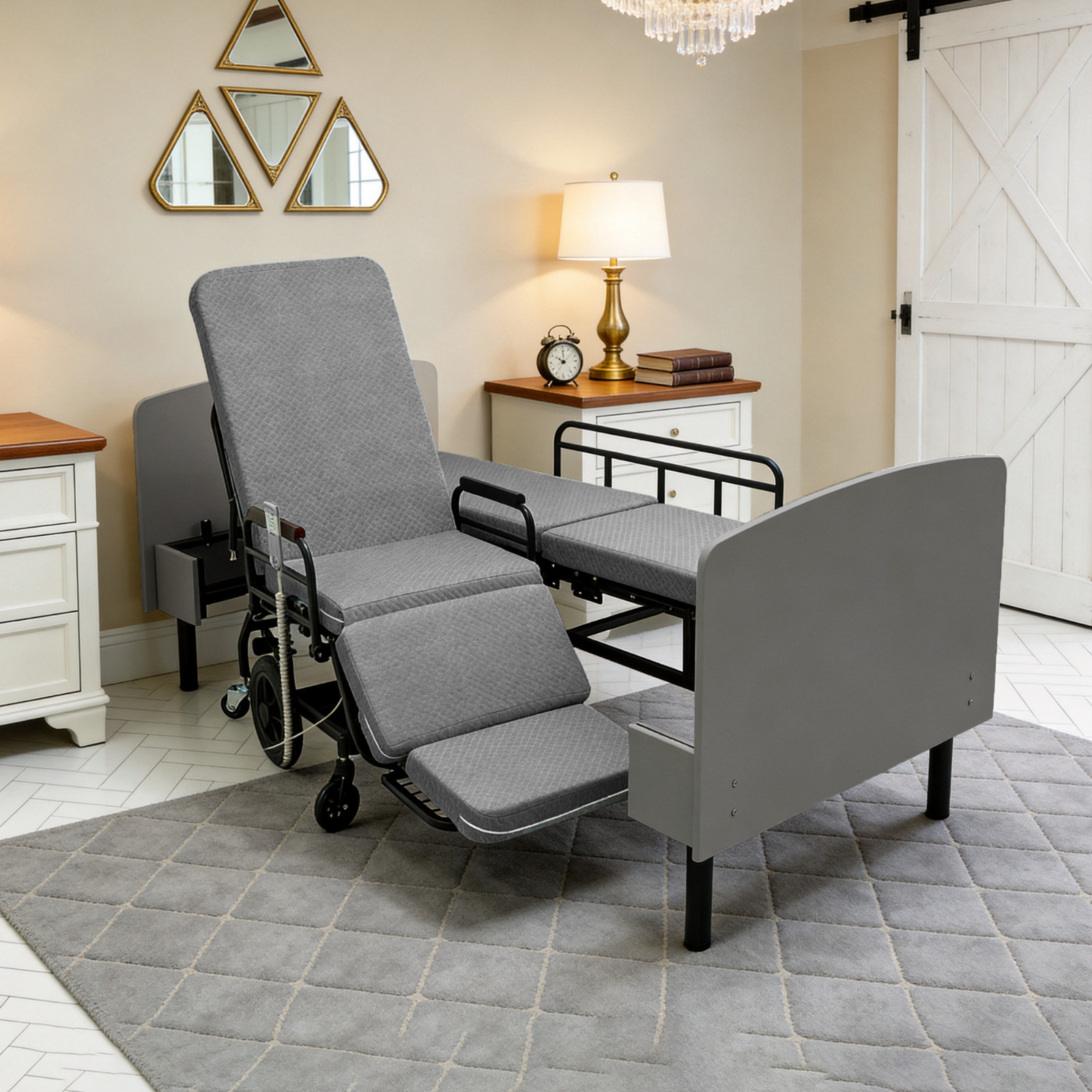 3-in-1 Electric Nursing Bed w/OKIN Dual Motors,Convertible to Wheelchair Elderly