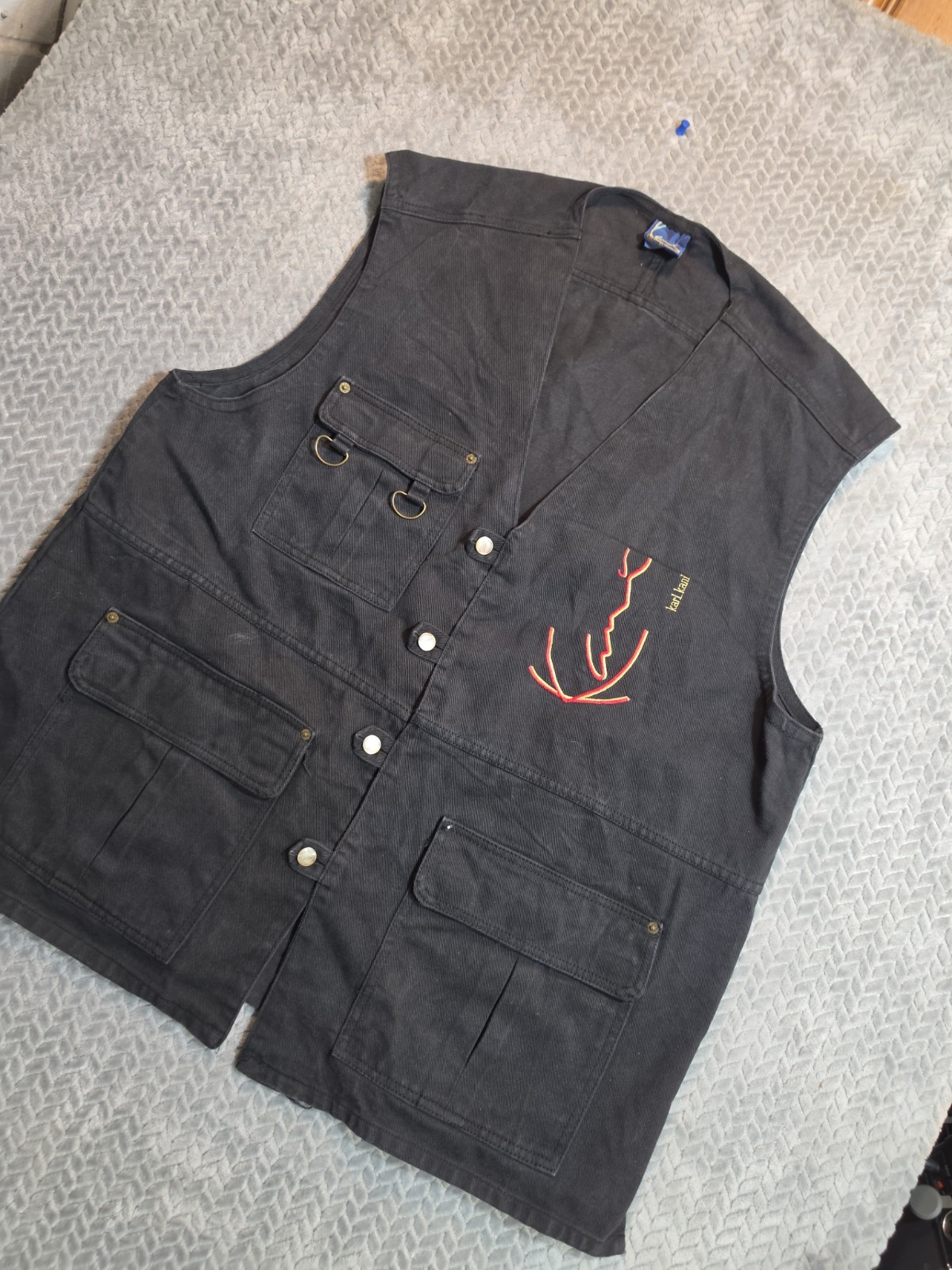 VTG Karl Kani men’s Black Denim side Spellout Button Biker vest size  L Tupac