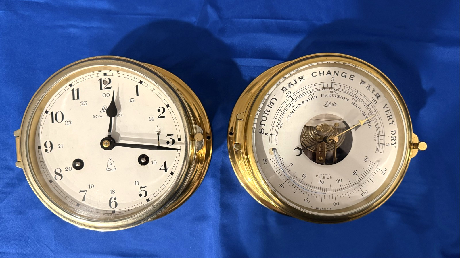 Vintage Schatz Ship\'s Clock & Barometer MATCHING SET-- Near Mint-SEE VIDEO Vintage Schatz Ship\'s Clock & Barometer MATCHING SET-- Near Mint-SEE VIDEO