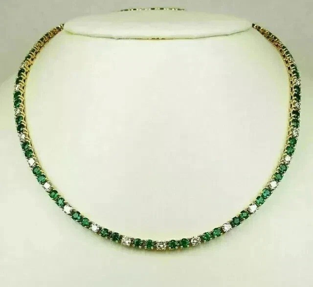 15Ct Round Lab-Created Emerald Diamond Tennis Necklace 14K Yellow Gold Plated