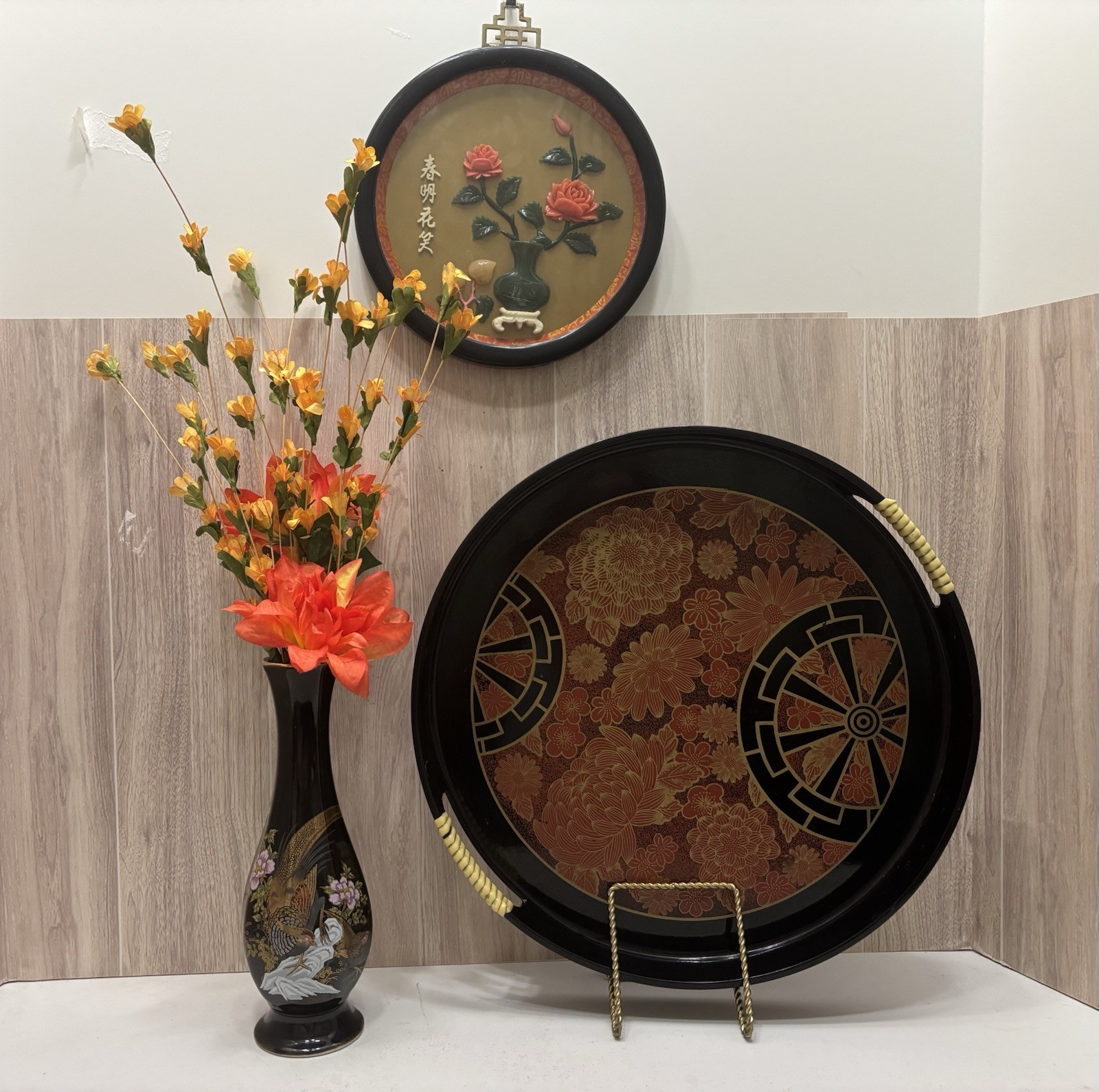 Vintage Asian Lot Black Lacquer Orange Gold Tray Vase Wall Art Decor Japan