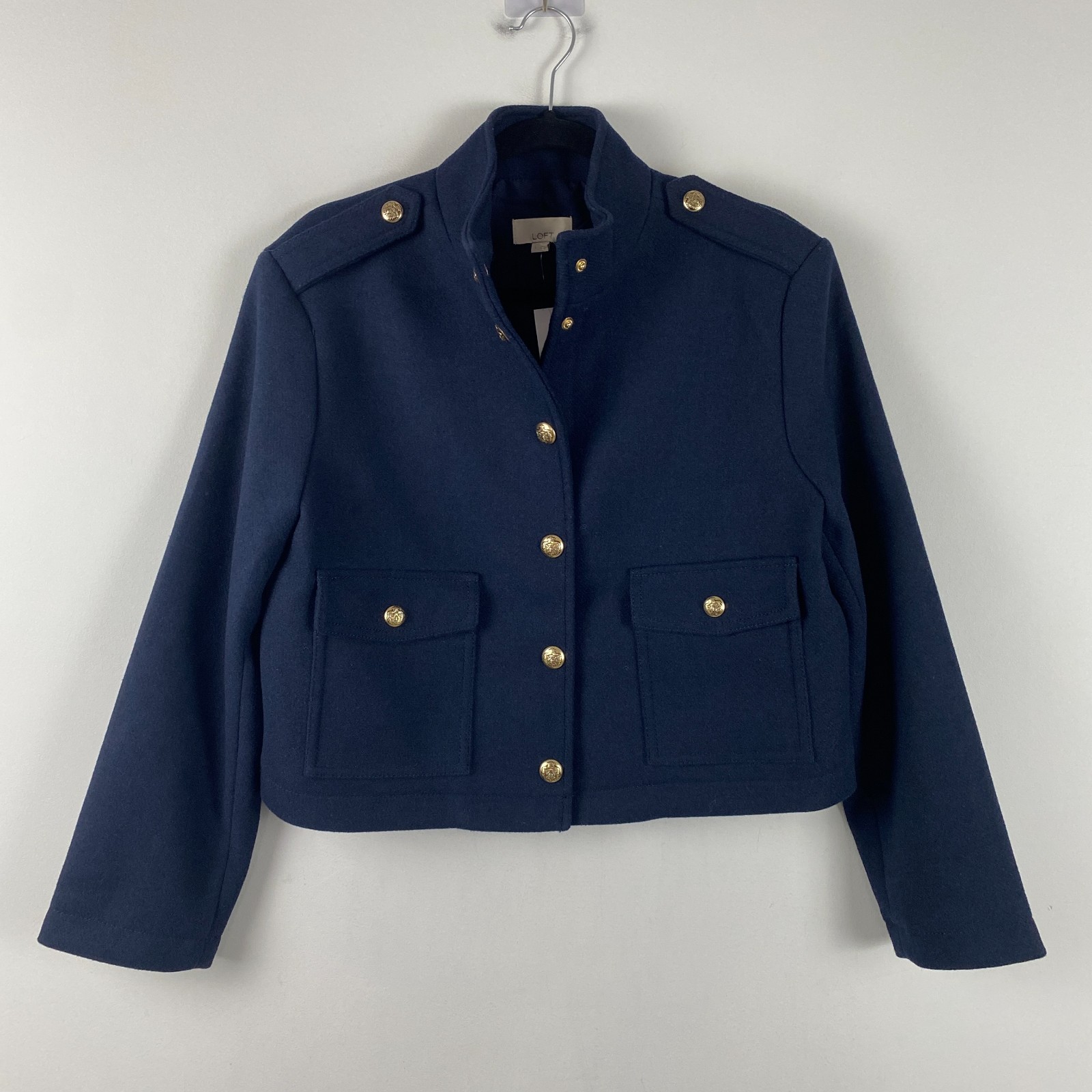 LOFT Navy Military-Style Jacket Size Small Gold Buttons Crop Poly Wool Blend