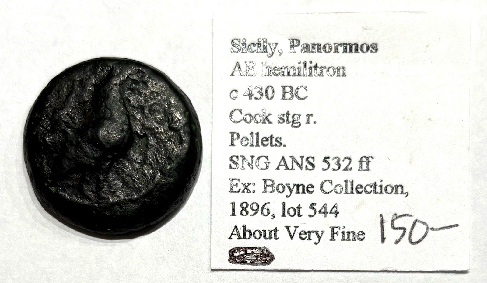 430 BC Sicily Panormos AE Hemilitron Rooster 6 Pellets Coin Ex: Boyne Collection 430 BC Sicily Panormos AE Hemilitron Rooster 6 Pellets Coin Ex: Boyne Collection