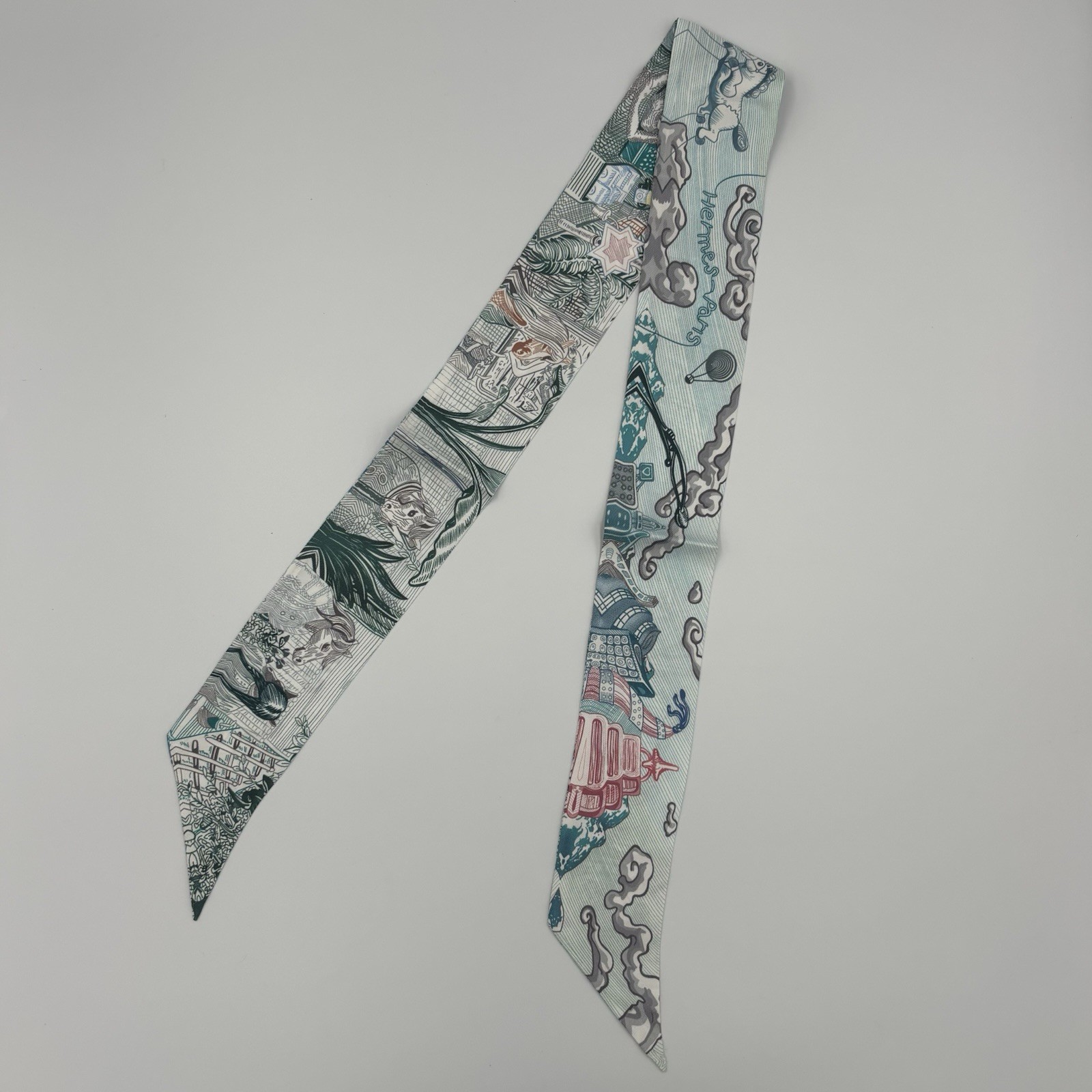 Hermes City of Light Twilly Silk Scarf Blue Green Paris Ribbon