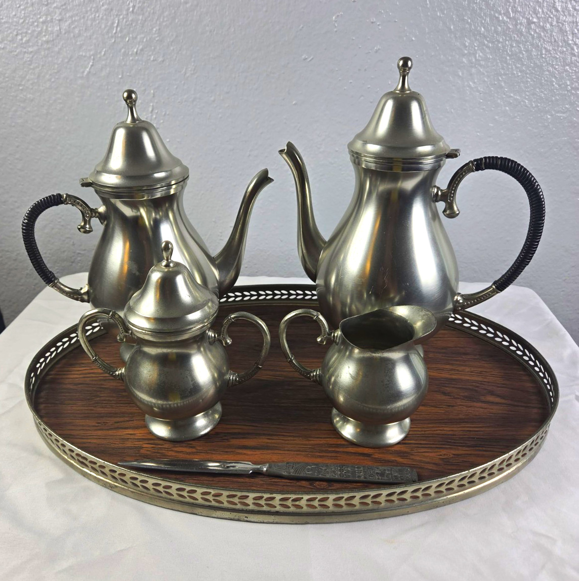 Vintage Holland Pewter Coffee/Tea Set w Tray Creamer Sugar Bowl & Letter Opener