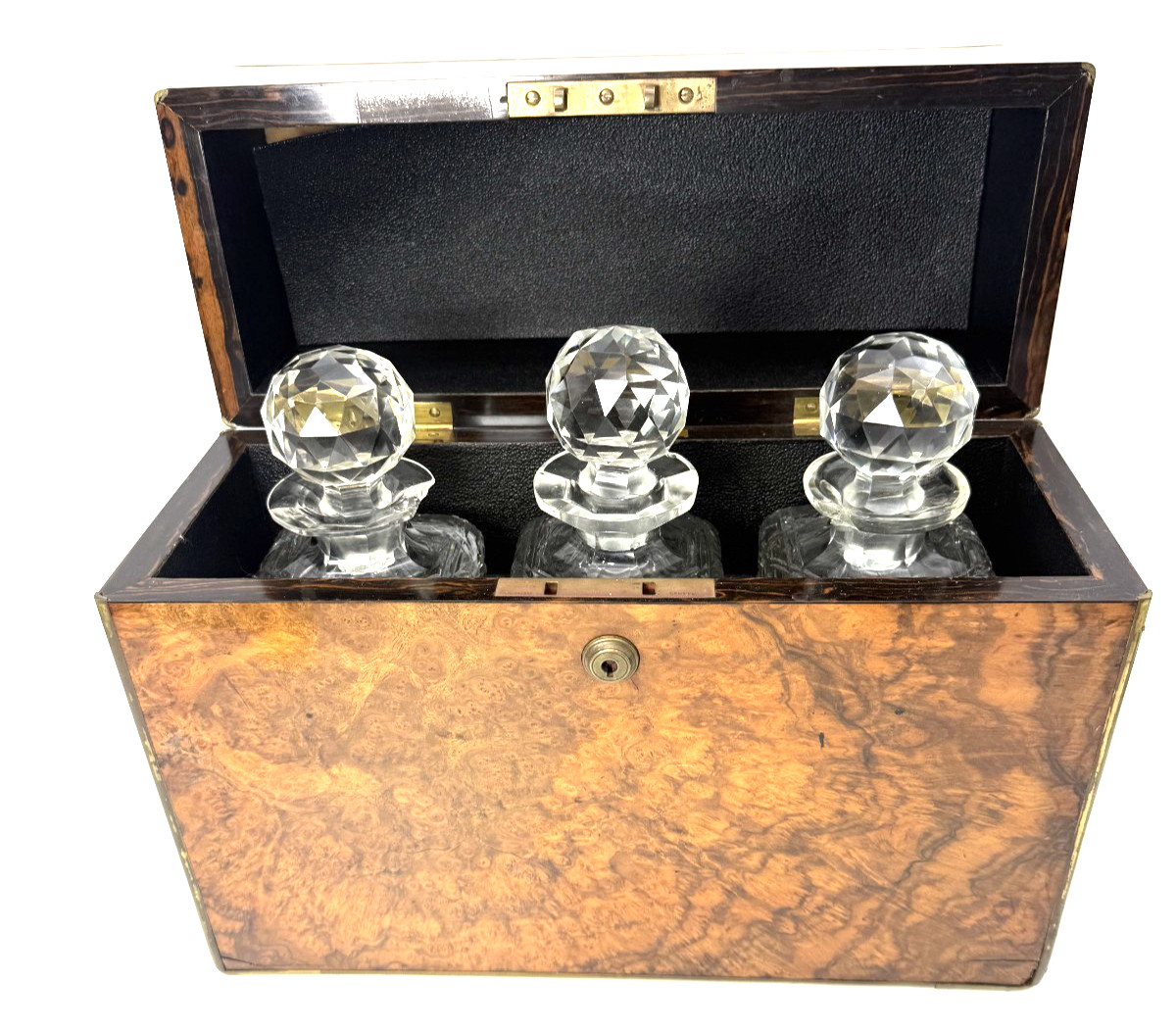 Victorian English 19th  Burr Walnut  w/Brass Mountings Three Bottle Decanter Box