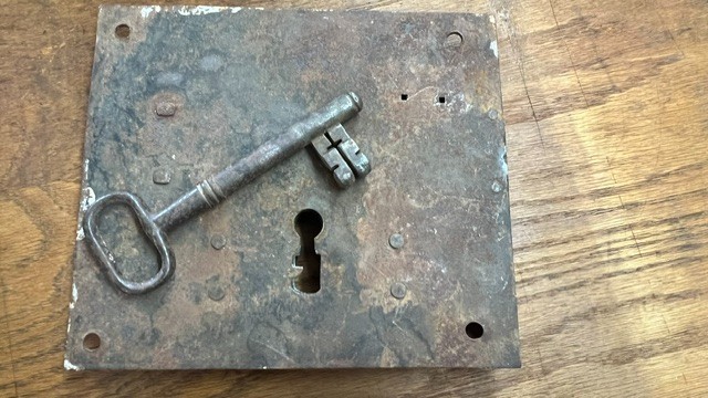 Early 1800\'s Wrought Iron Dead Bolt With Original Key Early 1800\'s Wrought Iron Dead Bolt With Original Key