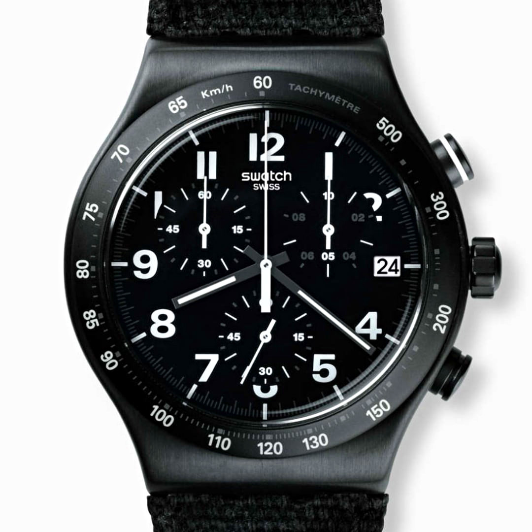 Swatch YVB402 Irony Quartz Chronograph Tachymeter Date 43mm Black Dial