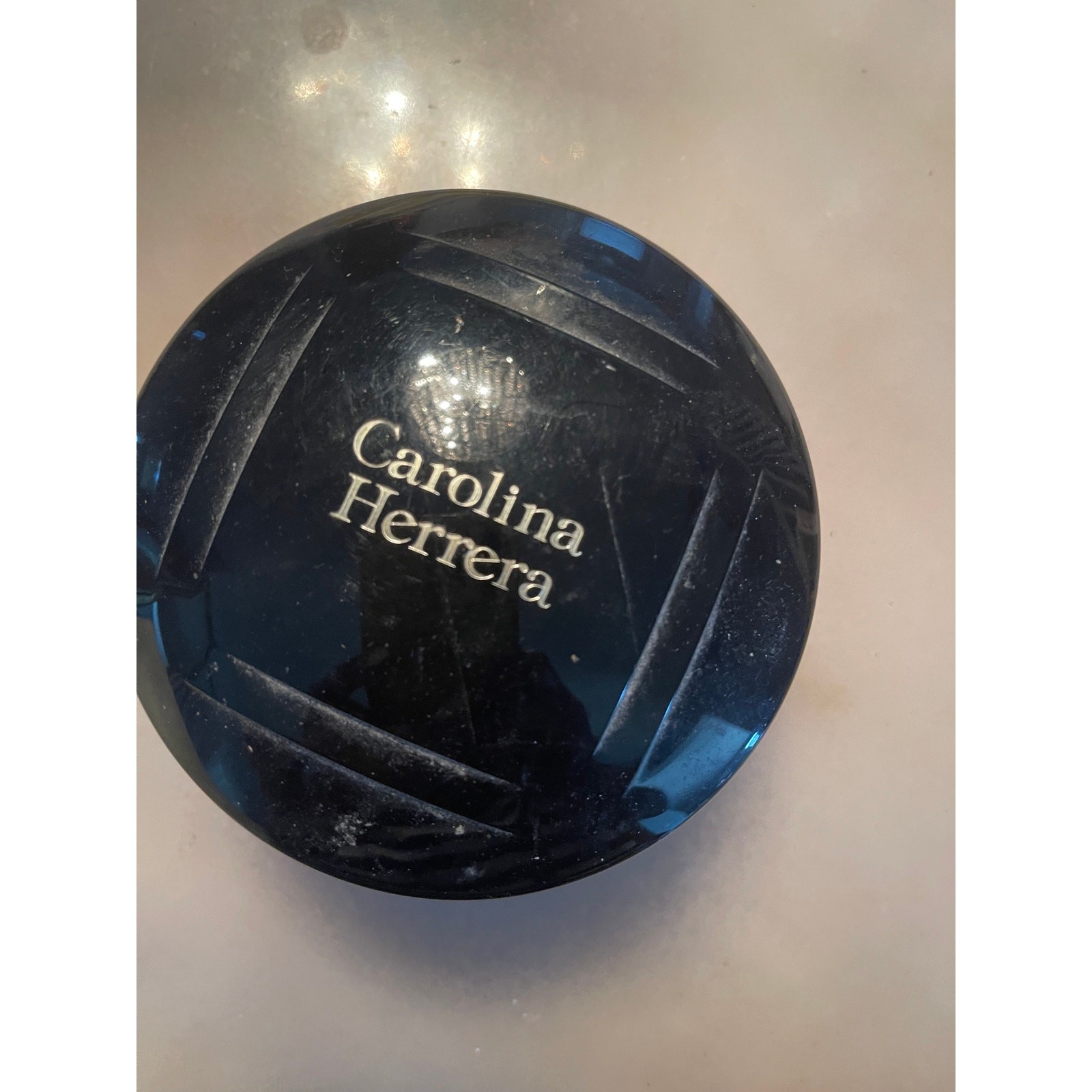 Vintage Carolina Herrera Perfumed Dusting Powder/Black Hard Shell Travel Holder