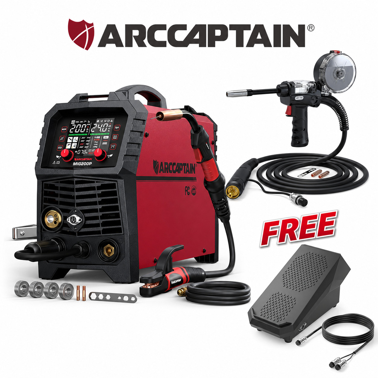 ARCCAPTAIN MIG200P Pulse MIG Welder Aluminum Welding w/ Spool Gun &  Foot Pedal