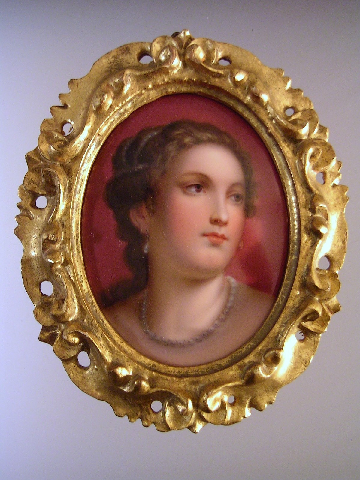 Antique 19th c Hand Painted Miniature Portrait on Porcelain Gilt Frame