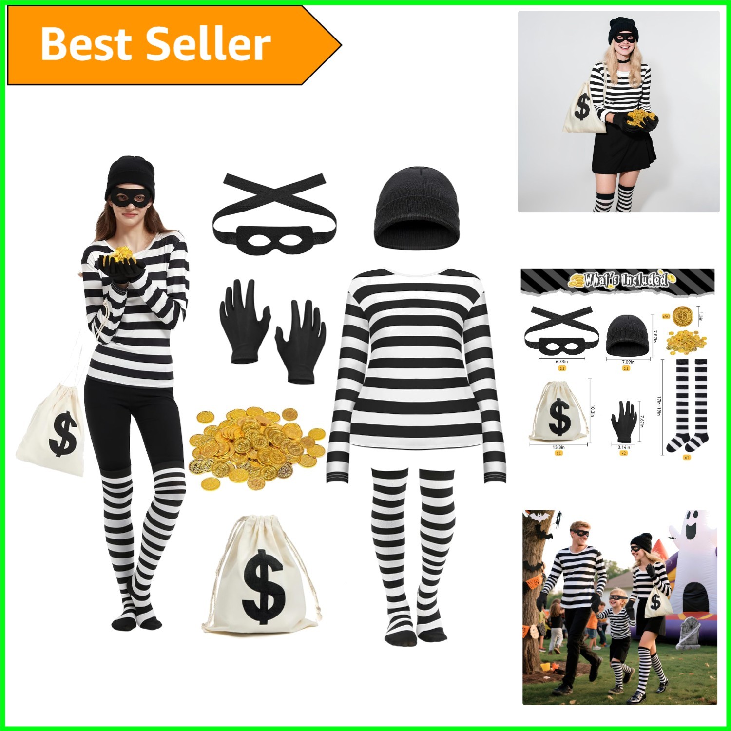 7-Piece Women\'s Halloween Burglar Costume Set – XL Striped Robber Outfit