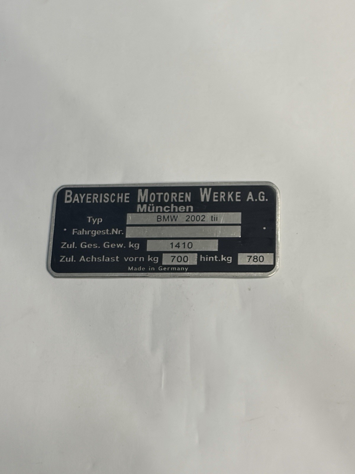 Data Plate BMW 2002 Tii  Schild Plate ID Tag E10 BJ