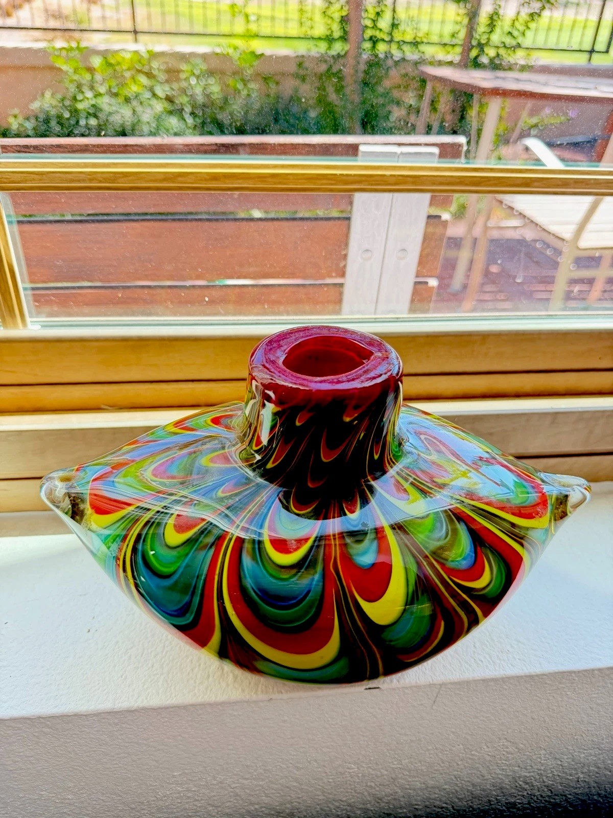 Vtg MCM Art Glass Cased Vase Pulled Feathers Heavy Decor Multicolor Murano Heavy