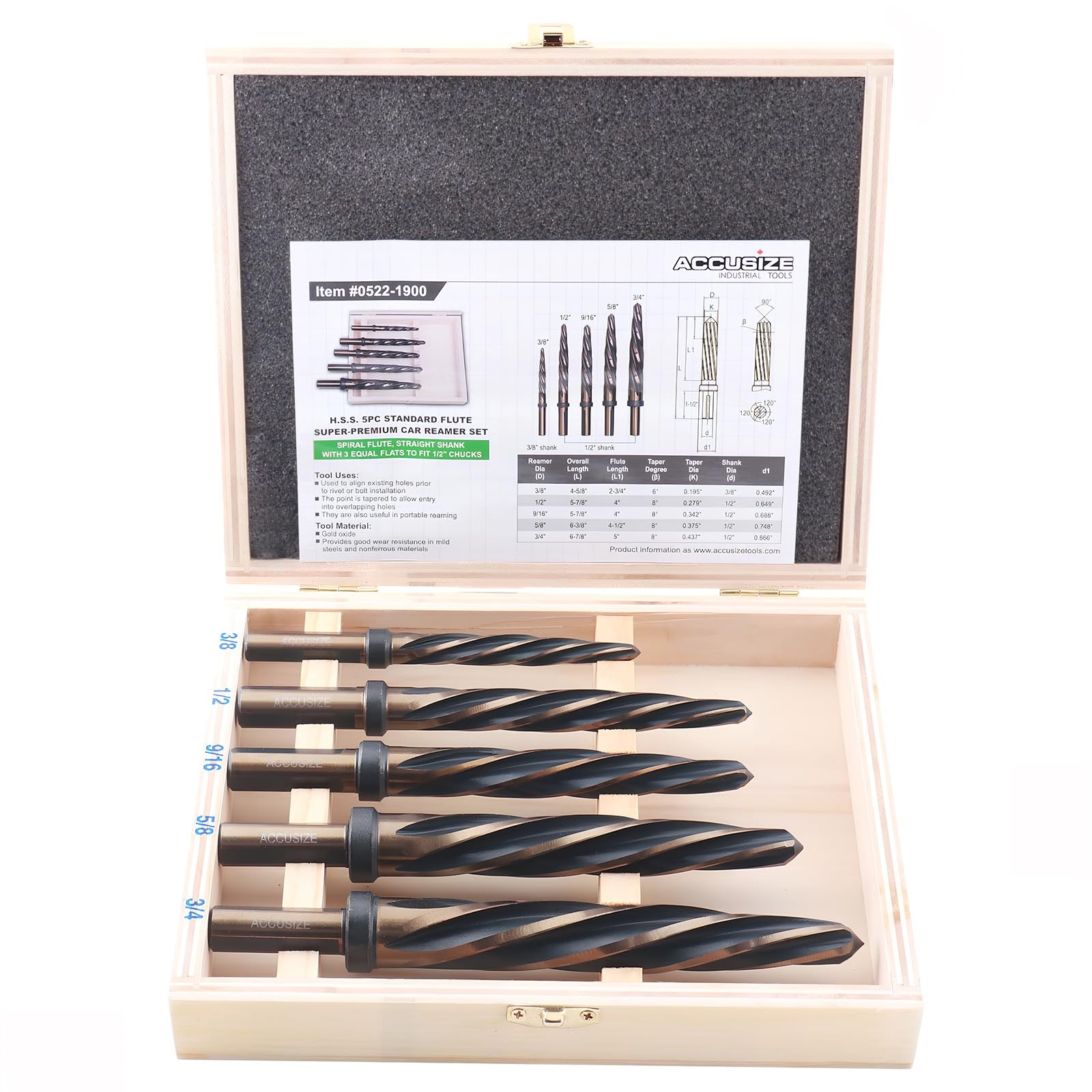 Accusize 5Pc Chucking Reamer Set 3/8 1/2 9/16 5/8 3/4in Spiral Flute Gold Oxide