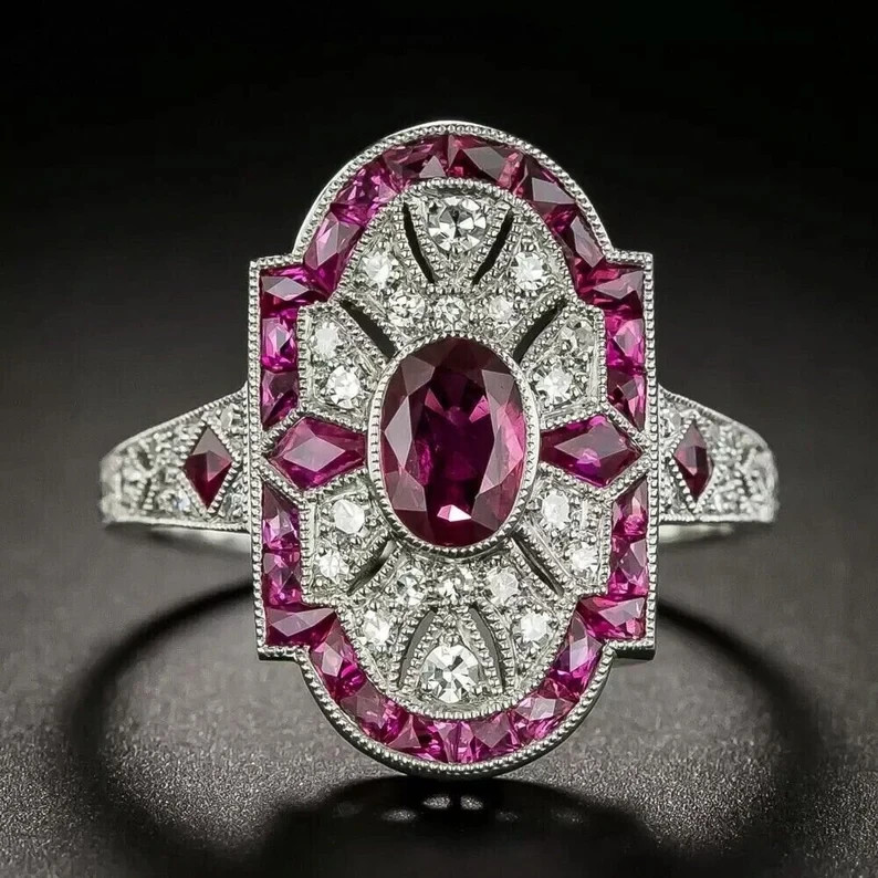 Art Deco Vintage Style Oval Lab Created Ruby Engagement 14K White Gold PLATED