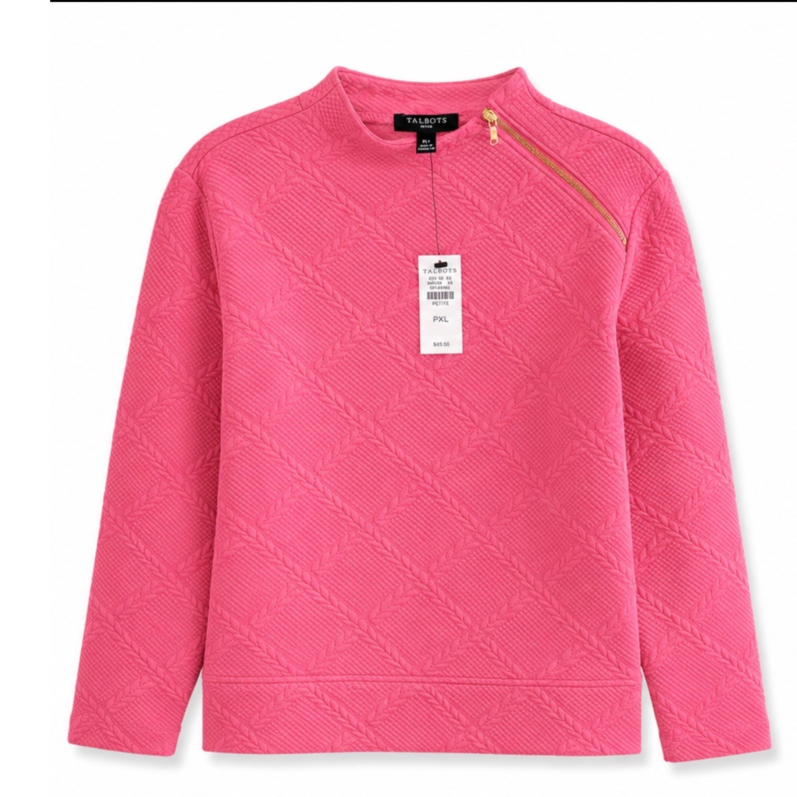 Talbots Petite Pink Quilted Cable Texture Shoulder Zip Pullover Top PXL New