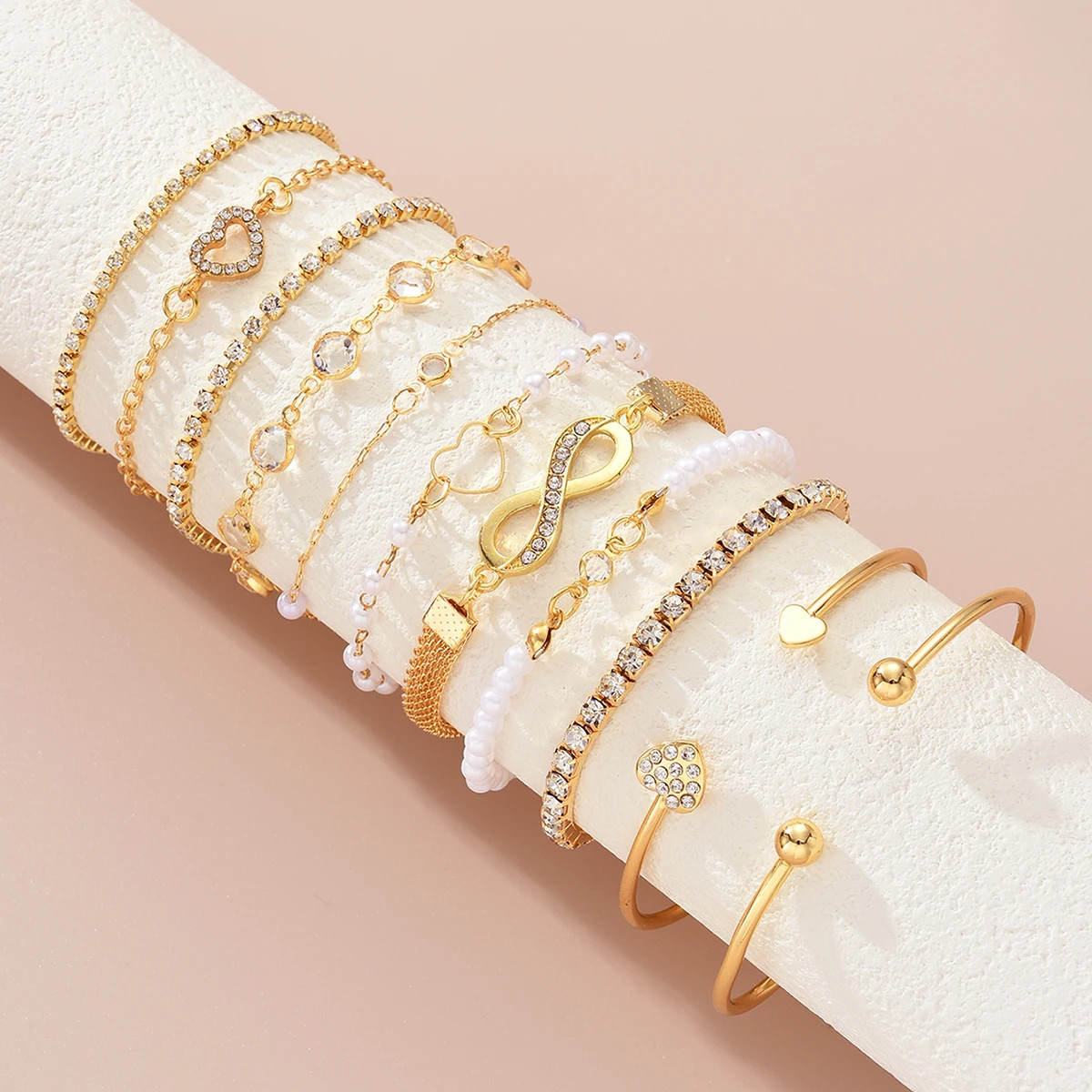 11Pcs Layered Gold Pearl Heart Chain Bracelet Set Boho Crystal Bangle Jewelry 11Pcs Layered Gold Pearl Heart Chain Bracelet Set Boho Crystal Bangle Jewelry