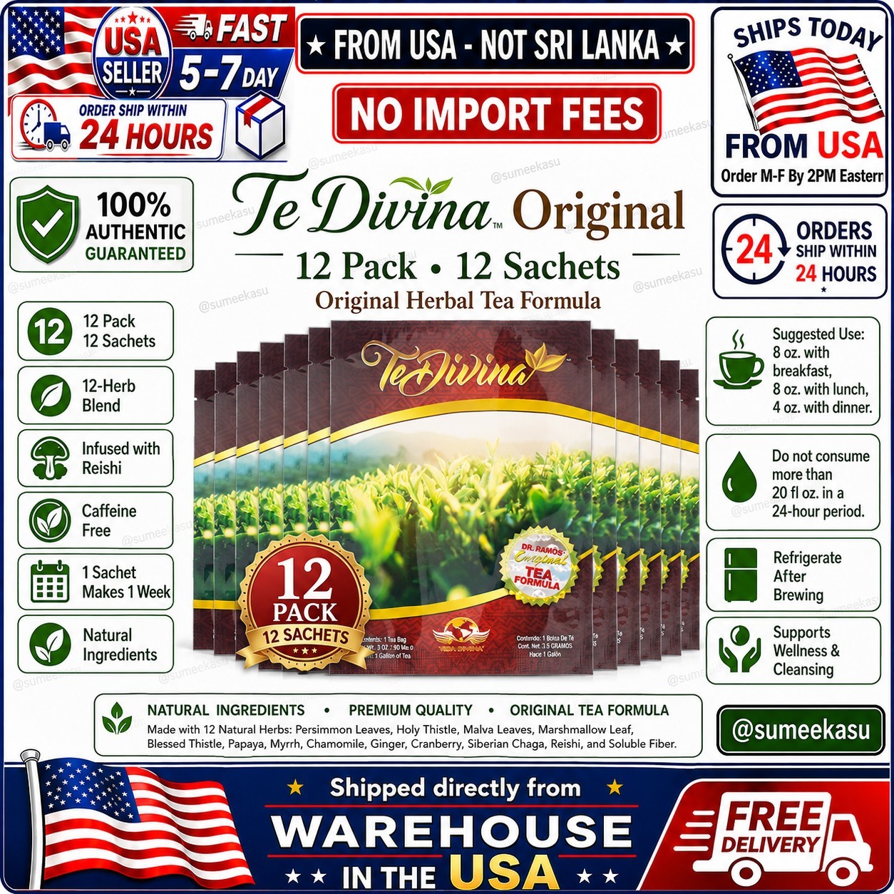 12 Pack TeDlVlNA Original Herbal Tea – 12 Herb Blend with Reishi🚚From USA🚚