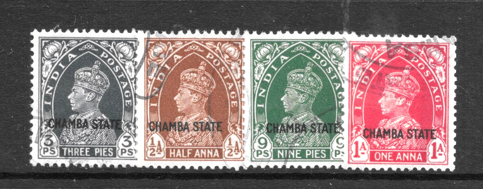 1938 CHAMBA STATE, SG82.83.84.85 USED, CAT £127, KGVI, KG6, INDIA INDIAN STATES 1938 CHAMBA STATE, SG82.83.84.85 USED, CAT £127, KGVI, KG6, INDIA INDIAN STATES