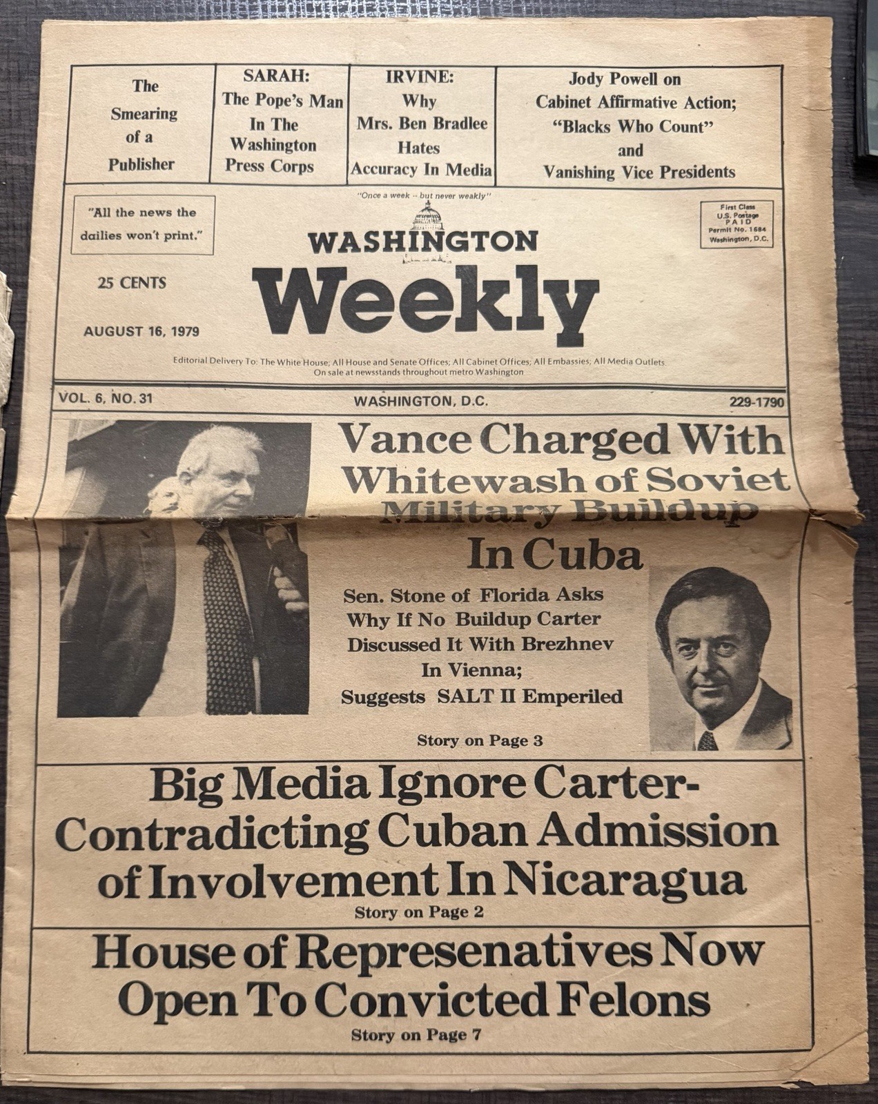 Washington Weekly Aug 16 1979 Cuba Soviet Carter Vance Vintage Newspaper