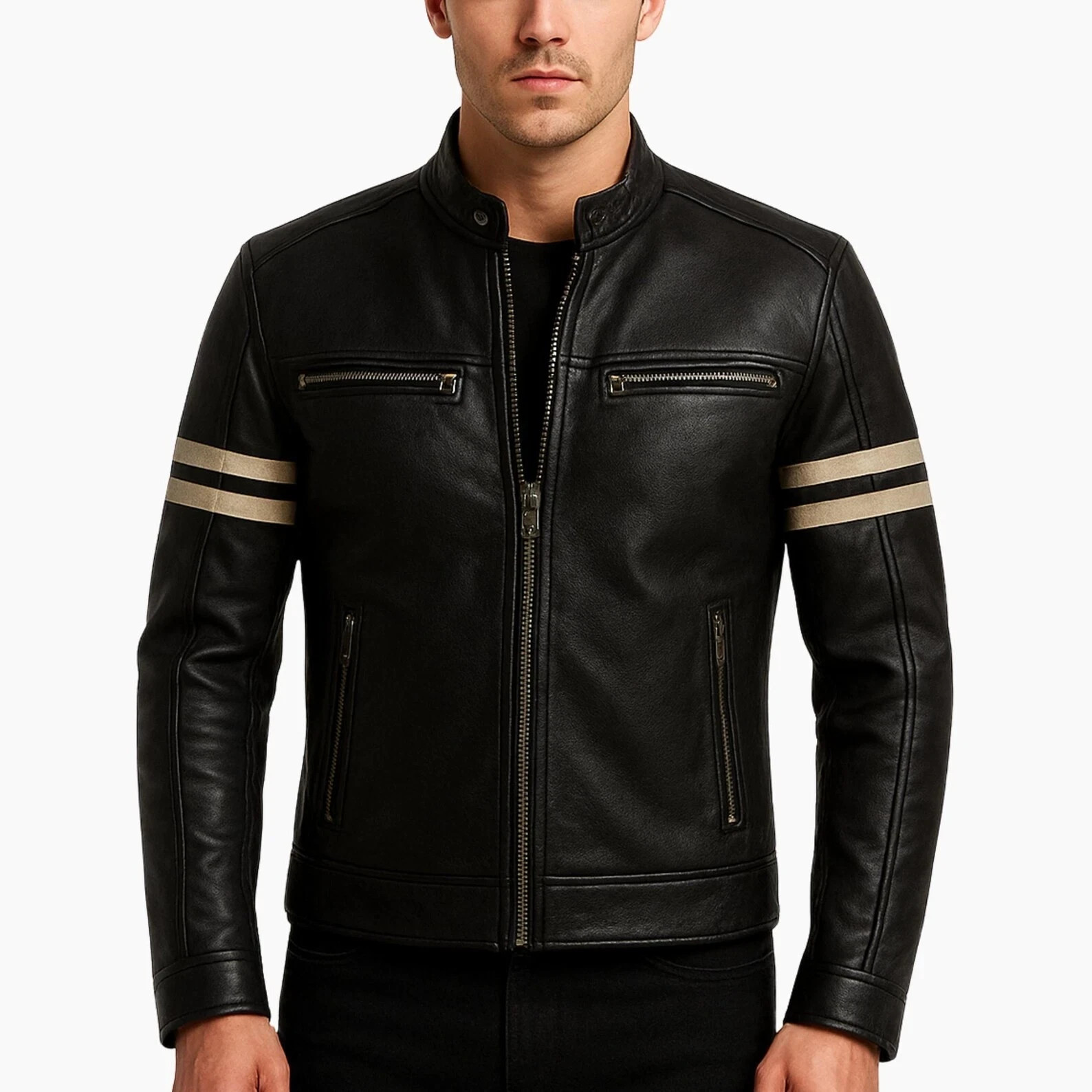 Men’s Black Lambskin Leather Cafe Racer Jacket Striped Arm Moto Biker Zip Jacket