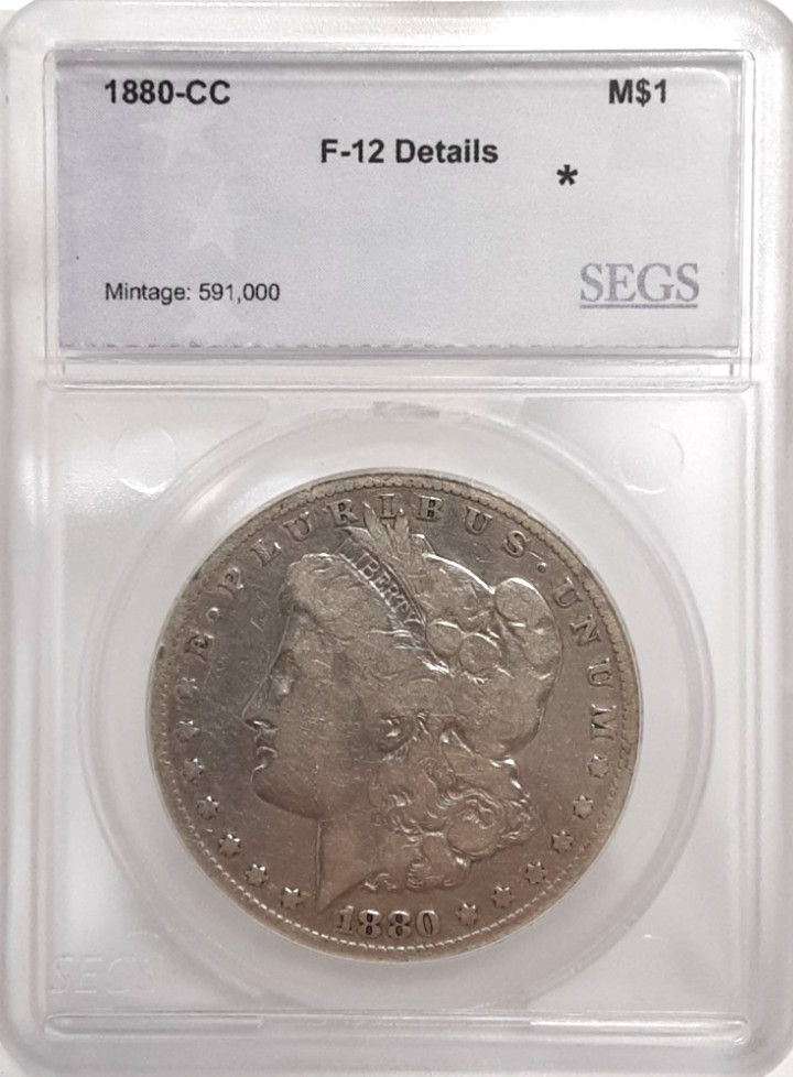 1880-CC $1 Morgan Silver Dollar Graded F-12 Details by SEGS