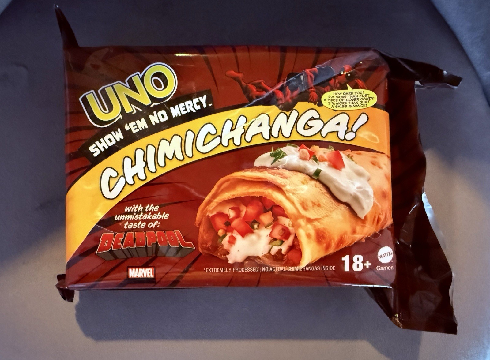 Mattel UNO Show 'Em No Mercy Chimichanga Deadpool Marvel SDCC exclusive -sealed