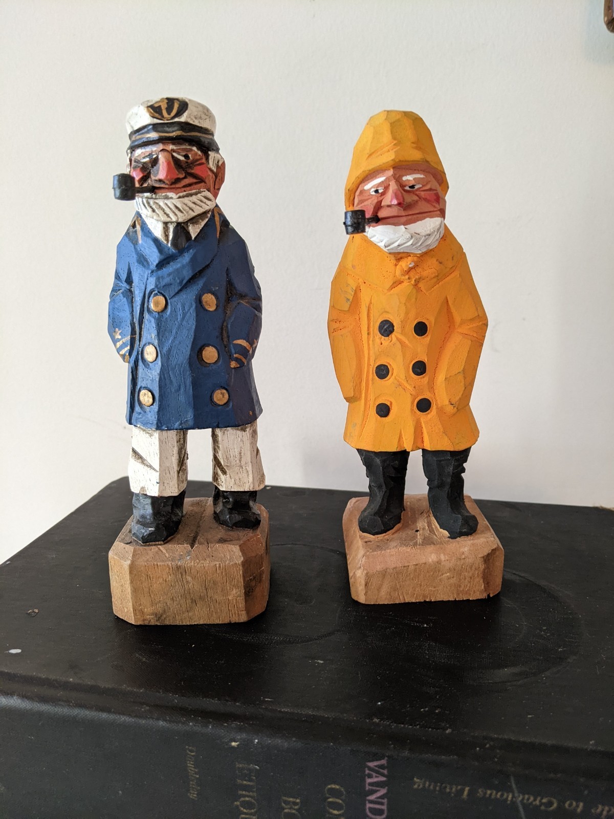 Vintage Hand Carved Wood Sailor Figurines, Nautical Folk Vintage Hand Carved Wood Sailor Figurines, Nautical Folk