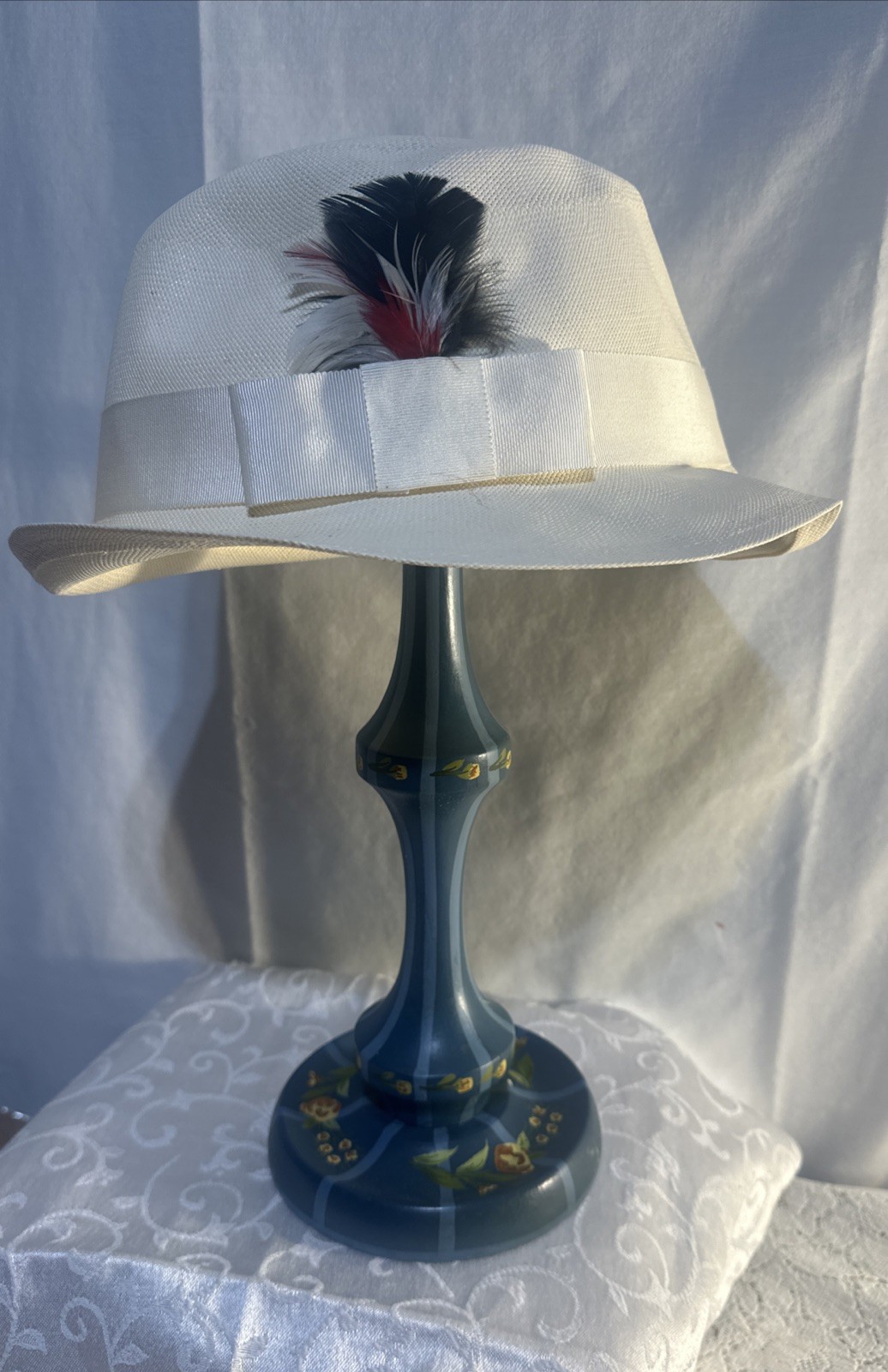 Vintage Hand Painted Blue Wooden Hat Stand Millinery Display Hungarian Folk Art