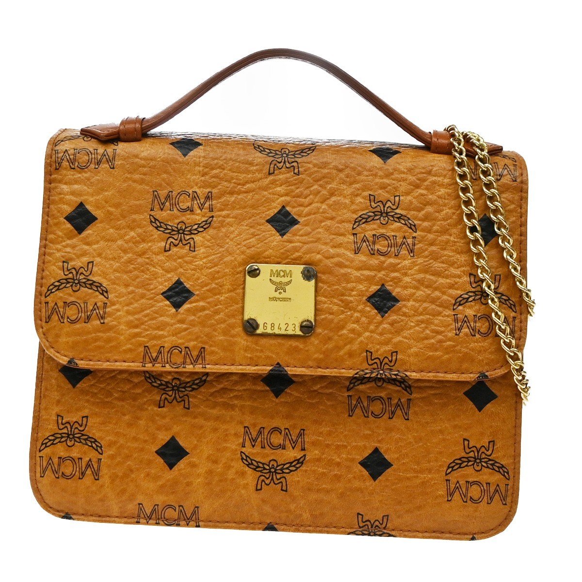 MCM Logo Visetos Pattern 2Way Mini Shoulder Hand Bag Leather Brown GHW 61YJ313