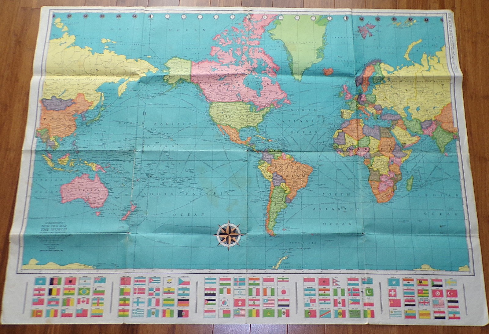 1960s Giant Colorprint Map & Flags of the World 50 x 38 American Map Co No 9577