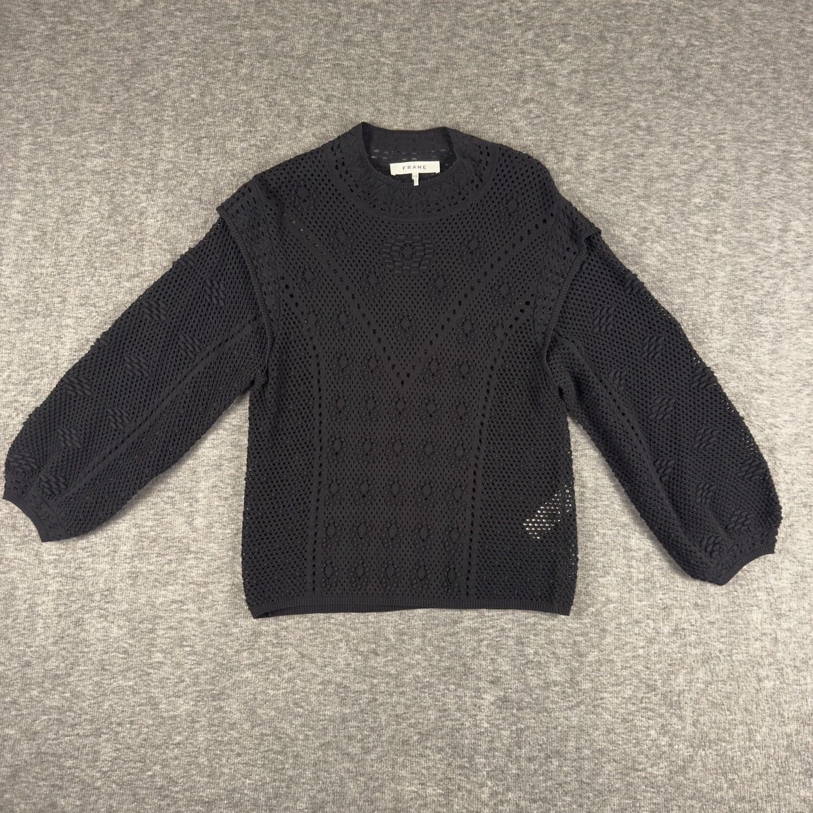 Frame Sweater Womens Small Black Open Knit Puff Sleeve Textured Crew Neck