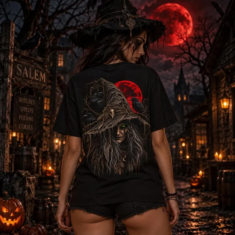 Witch Shirt, Gothic Halloween Tee, Raven Blood Moon Graphi