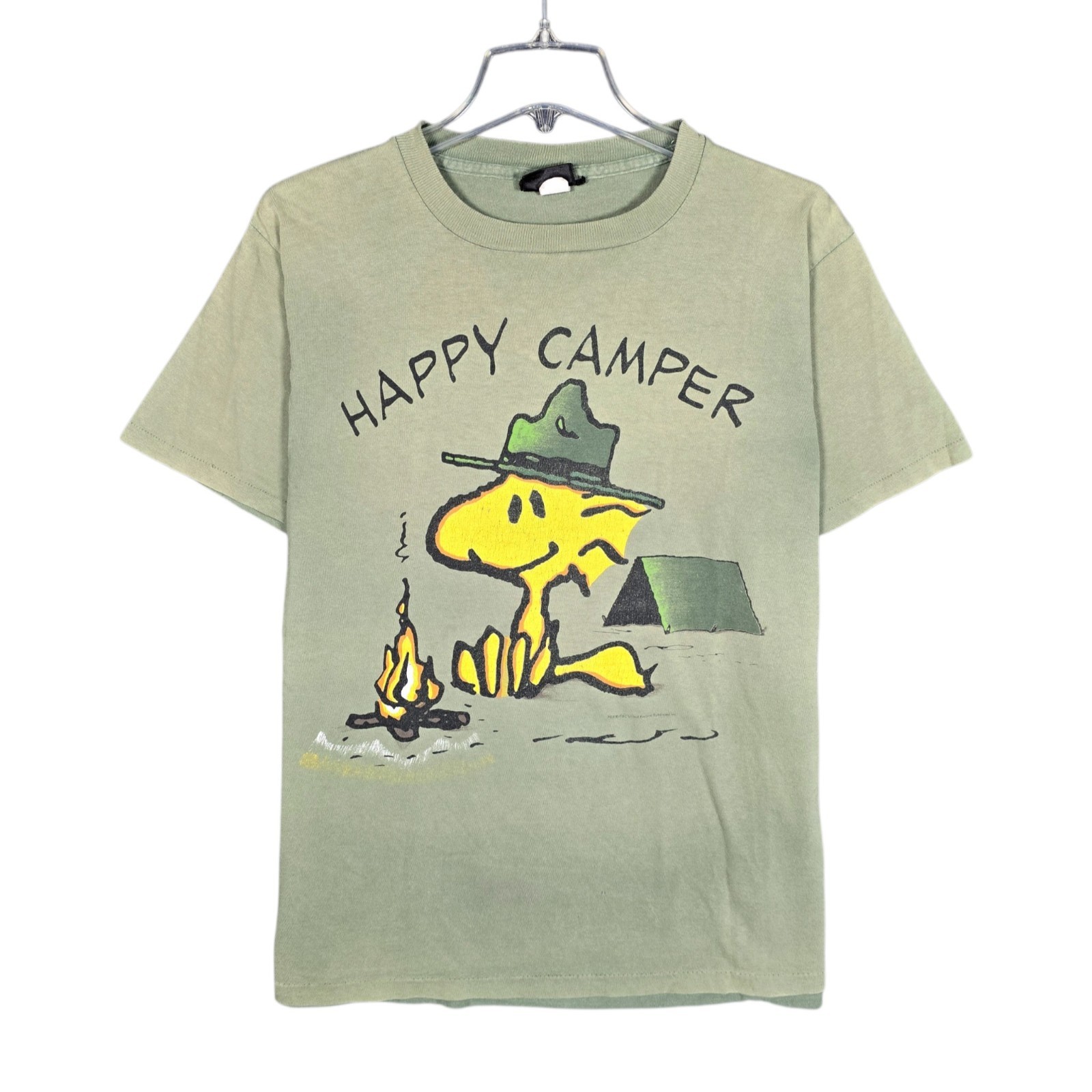Vintage Woodstock T-Shirt Mens Large Happy Camper Peanuts Green Faded USA Ranger