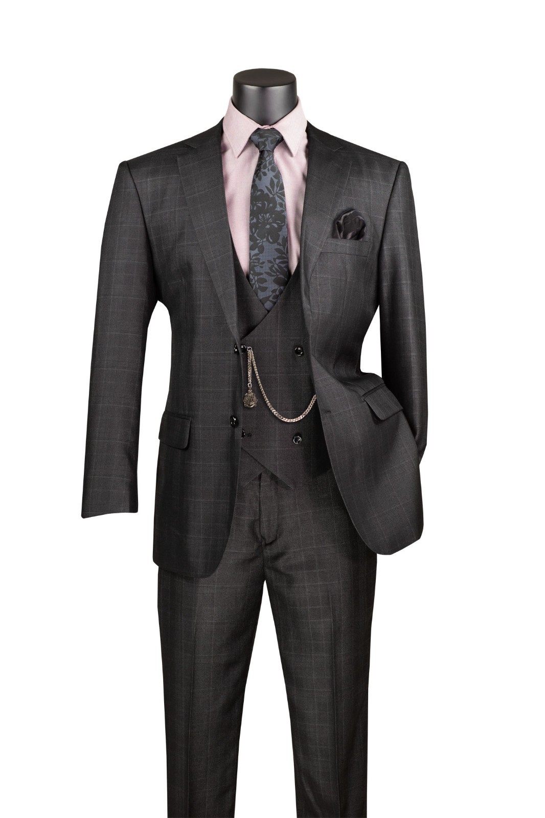 Vinci Men's Regular Fit Glen Plaid 2-Button 3-Piece Suit Black Vinci Men's Regular Fit Glen Plaid 2-Button 3-Piece Suit Black