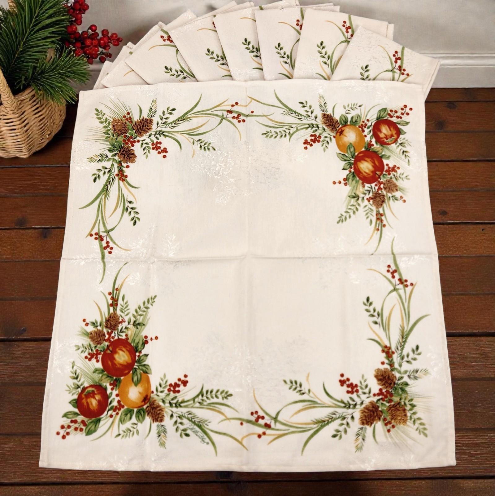 8 NEW Lenox Williamsburg Boxwood & Pine Cloth Damask Napkins Fruit Pinecones 20\