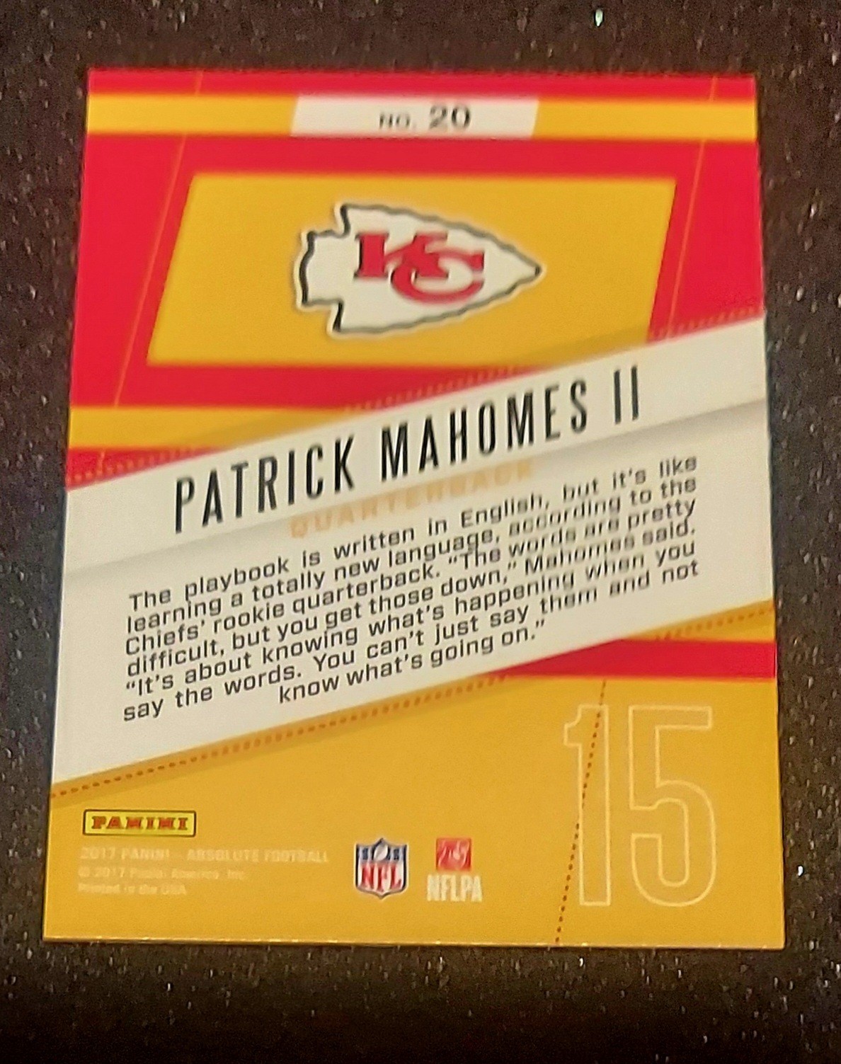Panini 2017 Absolute Football Patrick Mahomes II Rookie Roundup #20 Red Spectrum Panini 2017 Absolute Football Patrick Mahomes II Rookie Roundup #20 Red Spectrum