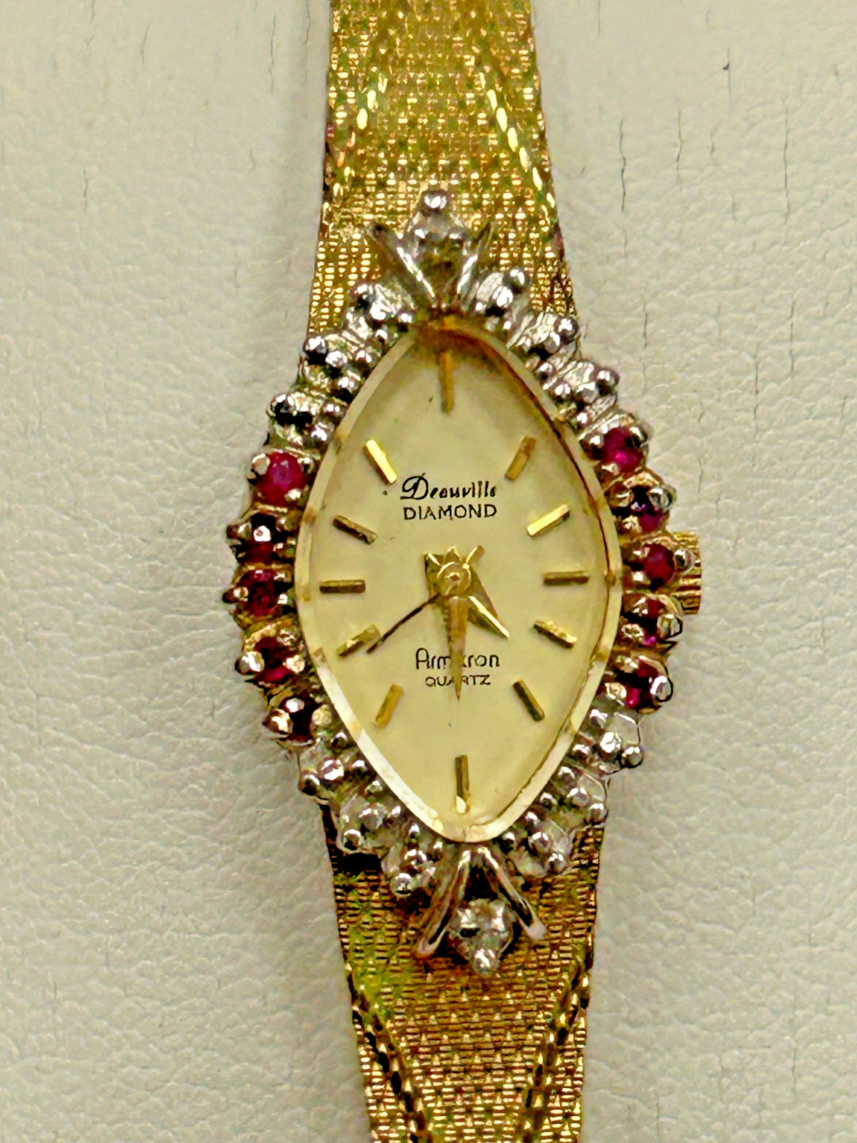 Vintage Deauville Armitron Diamond & Ruby Gold Tone Watch W Safety Chain