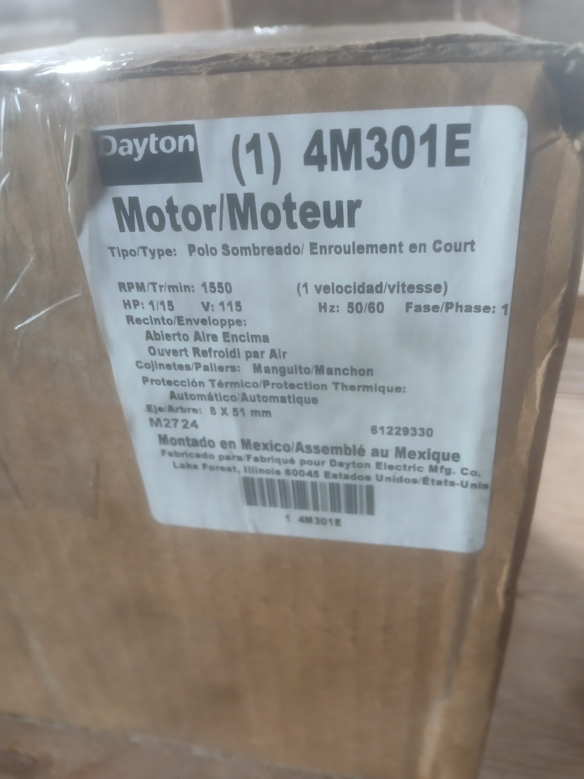 DAYTON 71638779M Motor,1/15 HP,1550 RPM ,115V 4M301E DAYTON 71638779M Motor,1/15 HP,1550 RPM ,115V 4M301E