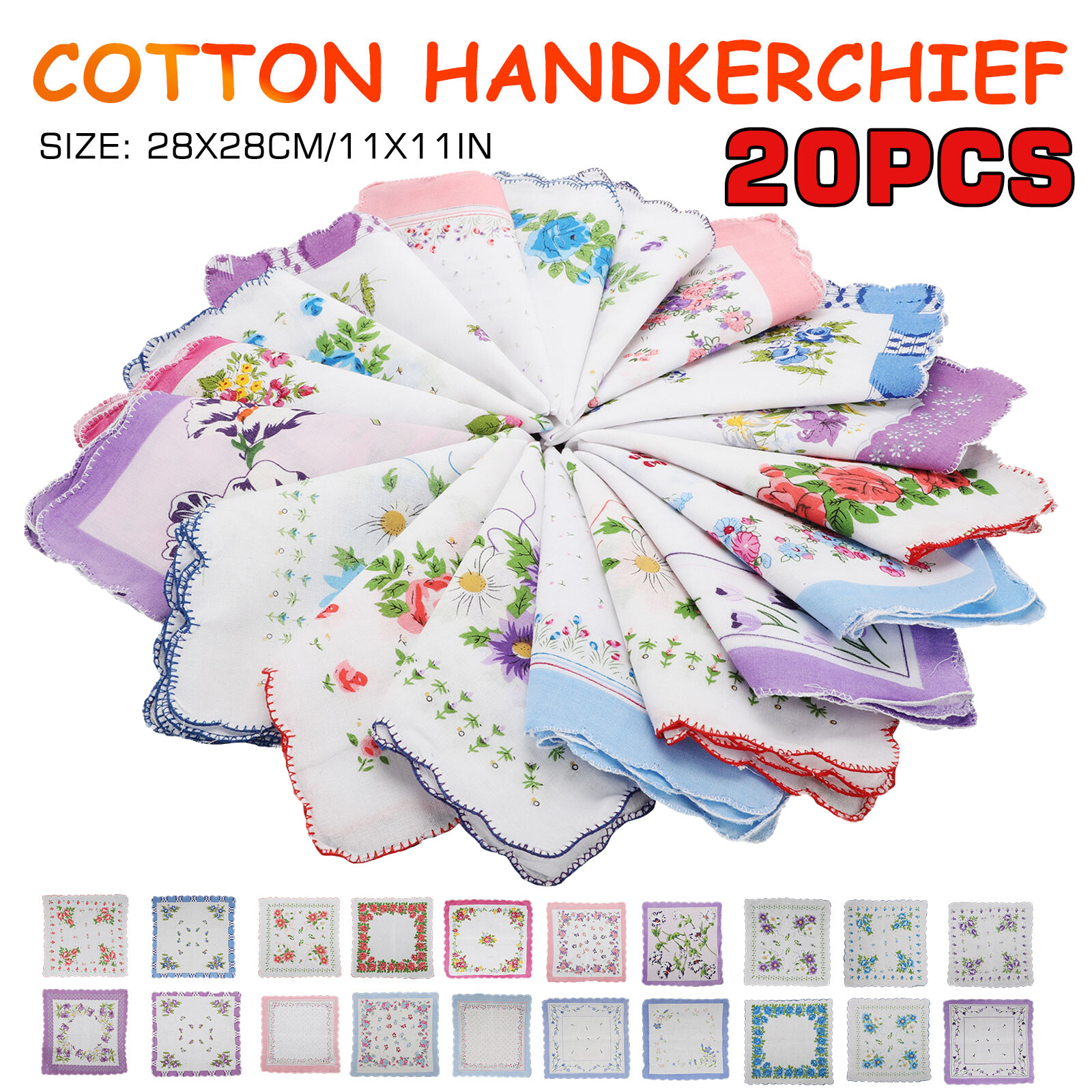 20Pcs Vintage Floral Flower Ladies Handkerchief Cotton Pocket Square Women Hanky