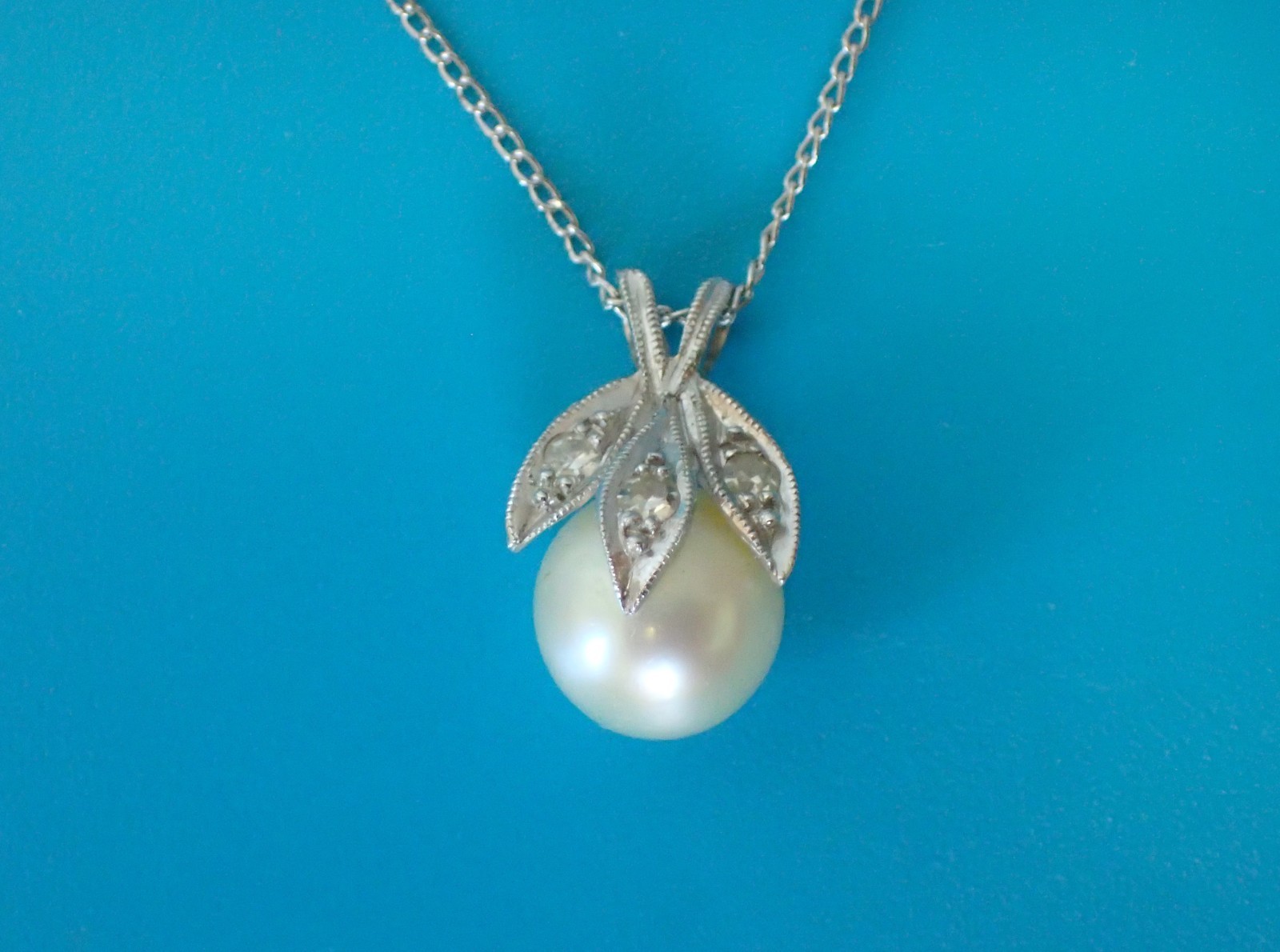 Vintage 14k White Gold Necklace with 14K Pearl and Rhinestone Pendant Vintage 14k White Gold Necklace with 14K Pearl and Rhinestone Pendant